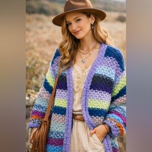 Anthropologie Mayflower Knit Cardigan Size One Size Fits All Blue Combo NIP $250